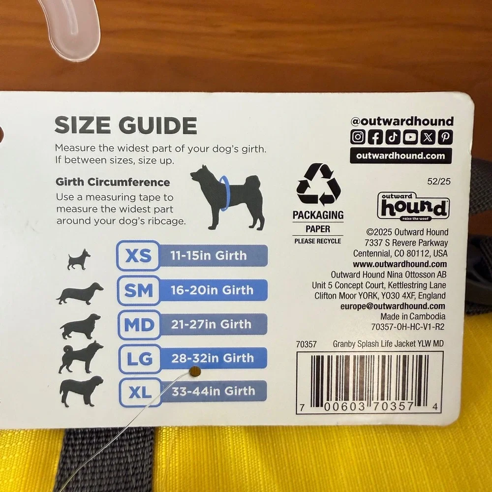 Outward Hound Granby Splash Dog Life Jacket Yellow Medium MD 21-27in Girth 70357